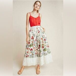 Anthropologie White Floral A-Line Maxi Skirt
